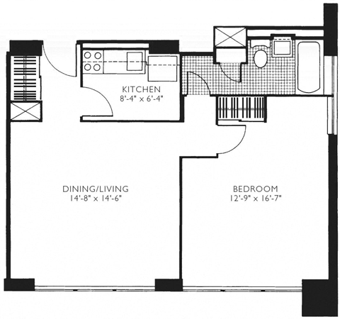 1 Bedroom 1 Bath 613-632 Sq.Ft. One Bedroom Floor Plan at Twin Towers, IL, 60615